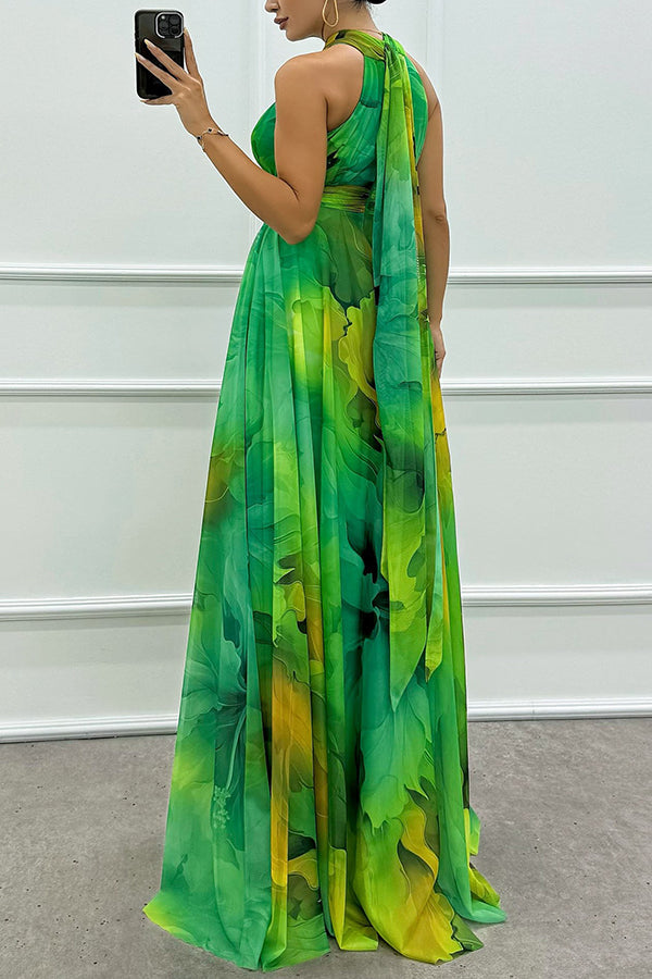 Elaine™ | Tule maxi-jurk met bloemenprint, uitsparingen en halternek