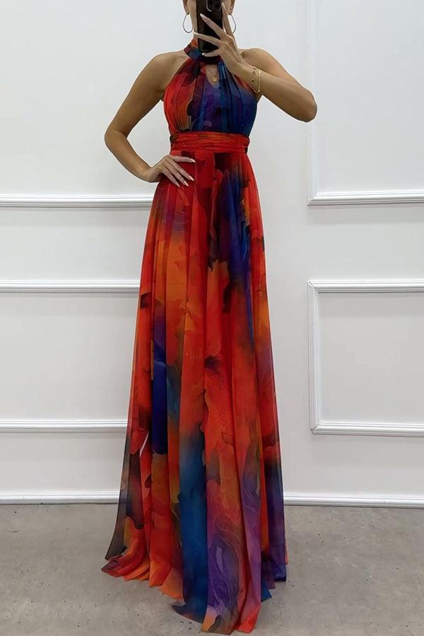 Elaine™ | Tule maxi-jurk met bloemenprint, uitsparingen en halternek