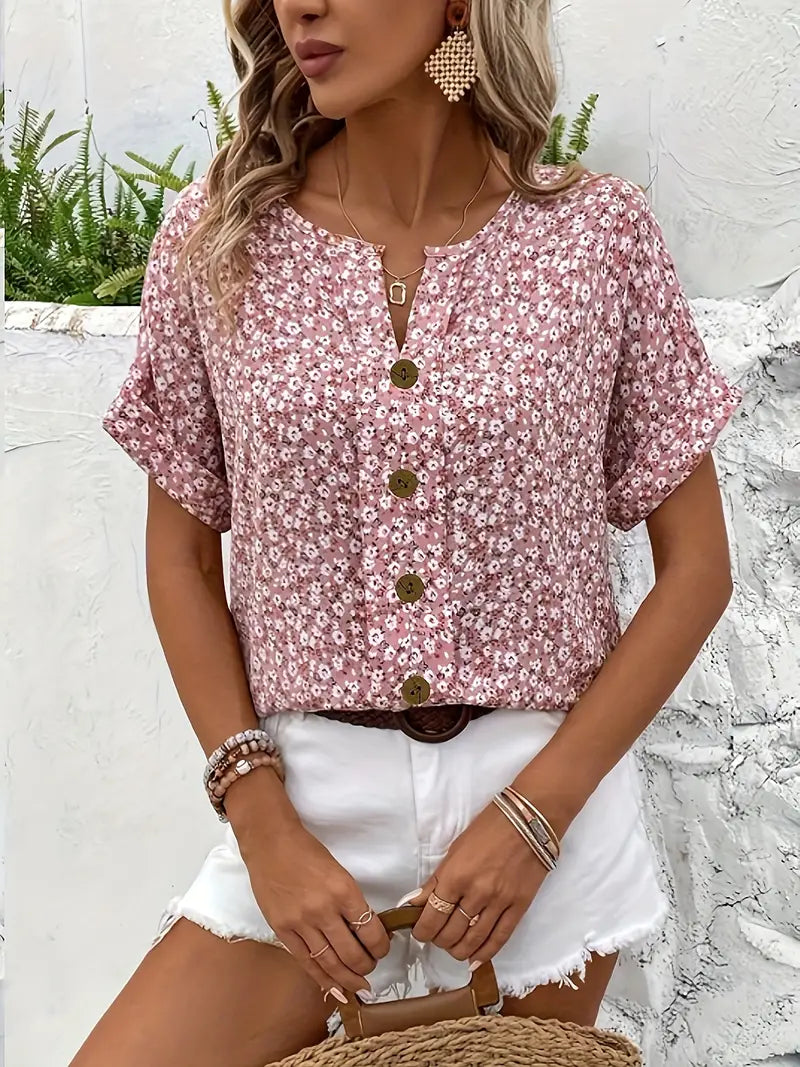 Thessia™ | Blouse met Bloemenprint en Open Kraag