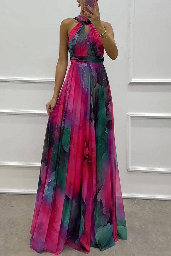 Elaine™ | Tule maxi-jurk met bloemenprint, uitsparingen en halternek