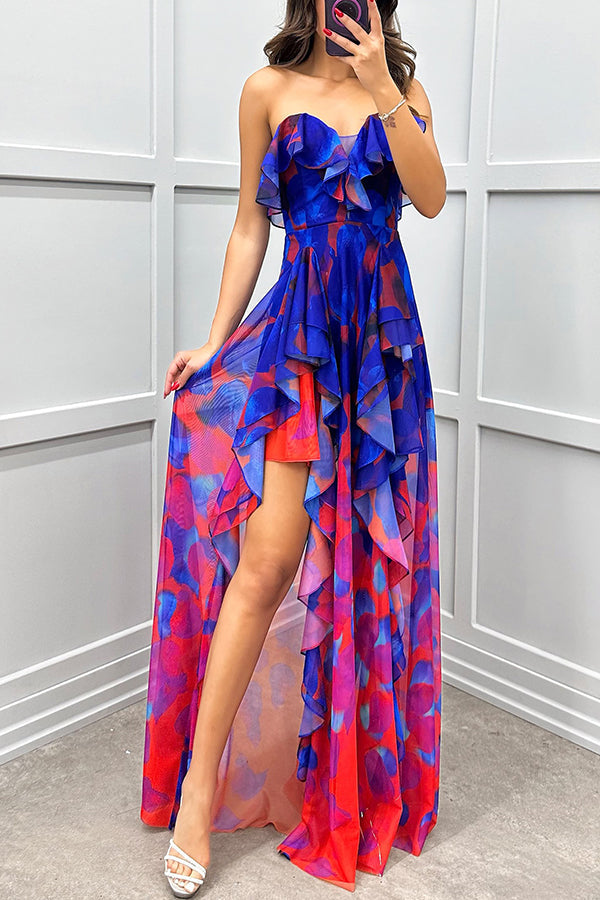 Georgia™ | Off-the-shoulder maxi-jurk met kleurverloopprint, volants en split