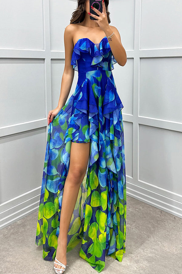 Georgia™ | Off-the-shoulder maxi-jurk met kleurverloopprint, volants en split