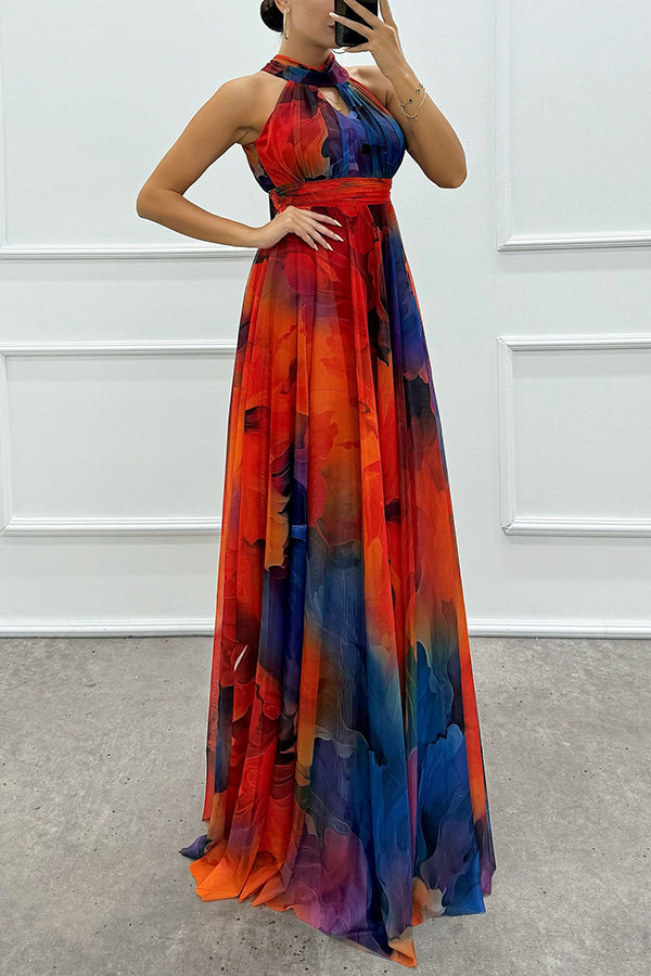 Elaine™ | Tule maxi-jurk met bloemenprint, uitsparingen en halternek