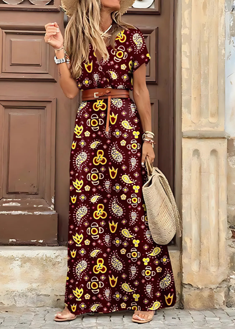 Romy™ | Lange bohemian jurk met geplooide taille