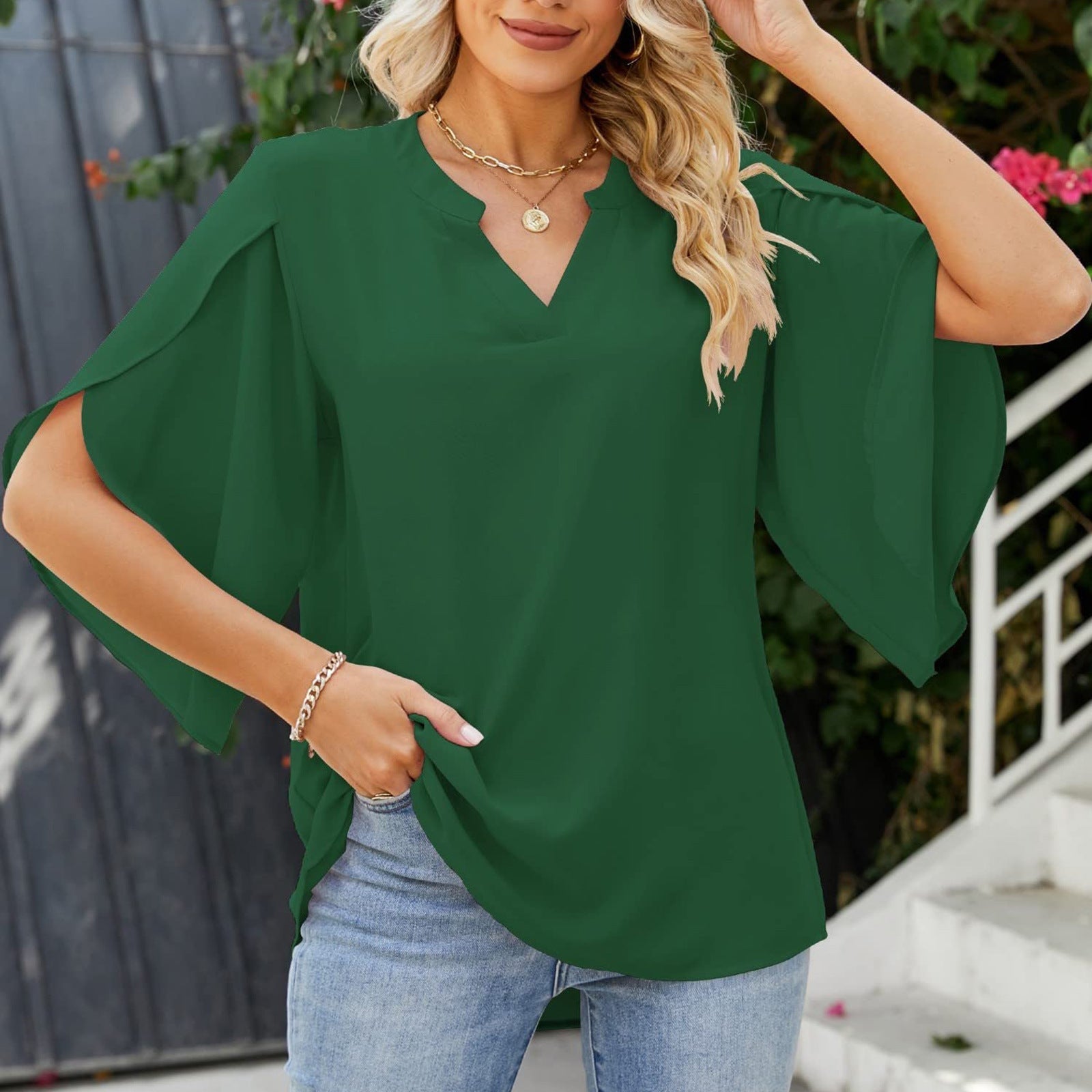 Zéphanie™ | V-Hals Blouse met Losvallende Pasvorm