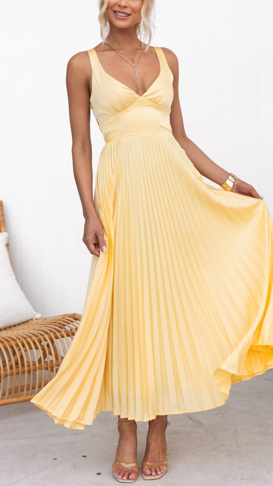 Aby™ | Gele geplooide V-hals maxi-jurk