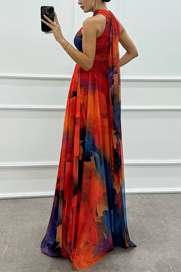 Elaine™ | Tule maxi-jurk met bloemenprint, uitsparingen en halternek