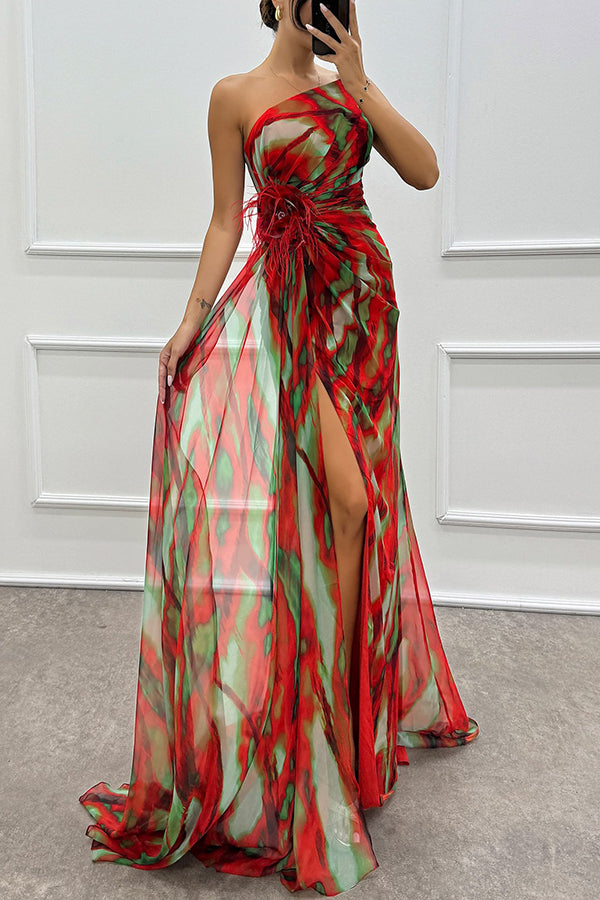 Claudia™ | Off-the-shoulder maxi-jurk met aquarelprint, verenrozen en split