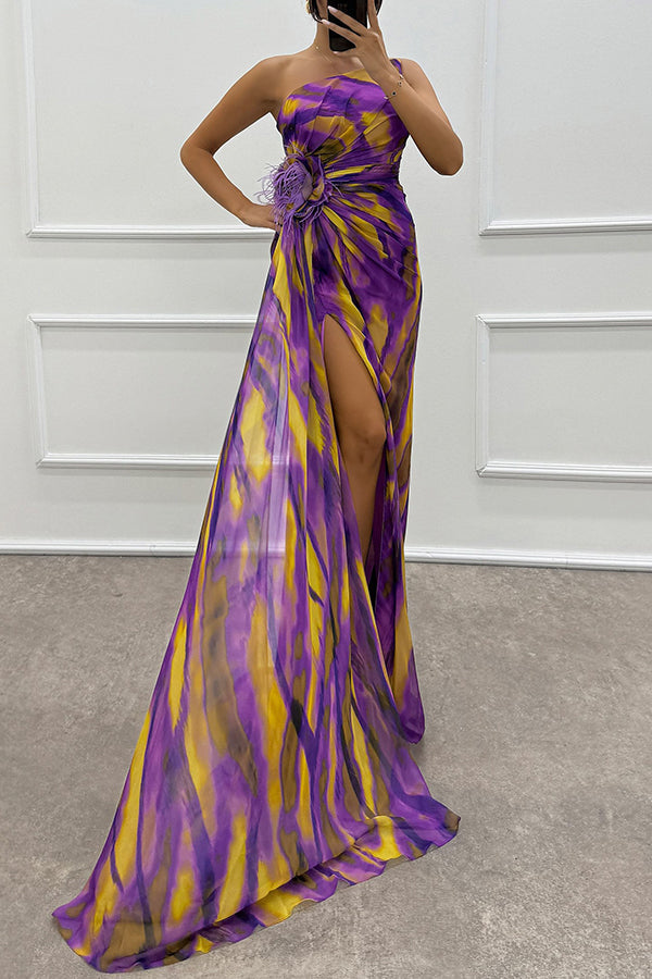 Claudia™ | Off-the-shoulder maxi-jurk met aquarelprint, verenrozen en split