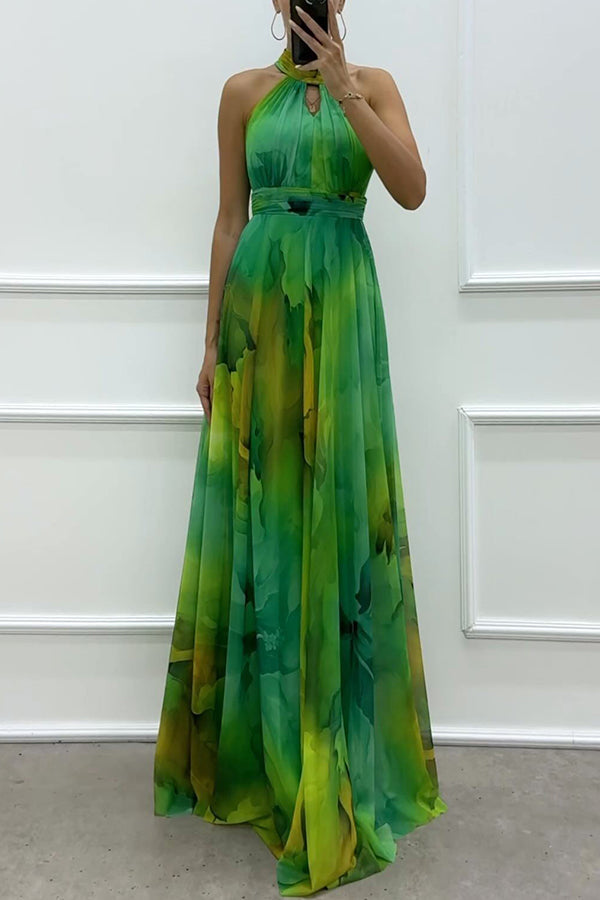Elaine™ | Tule maxi-jurk met bloemenprint, uitsparingen en halternek