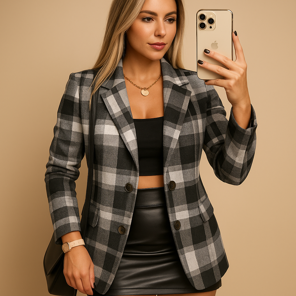 Briselle™ | Lange gewatteerde jas met tartan patroon