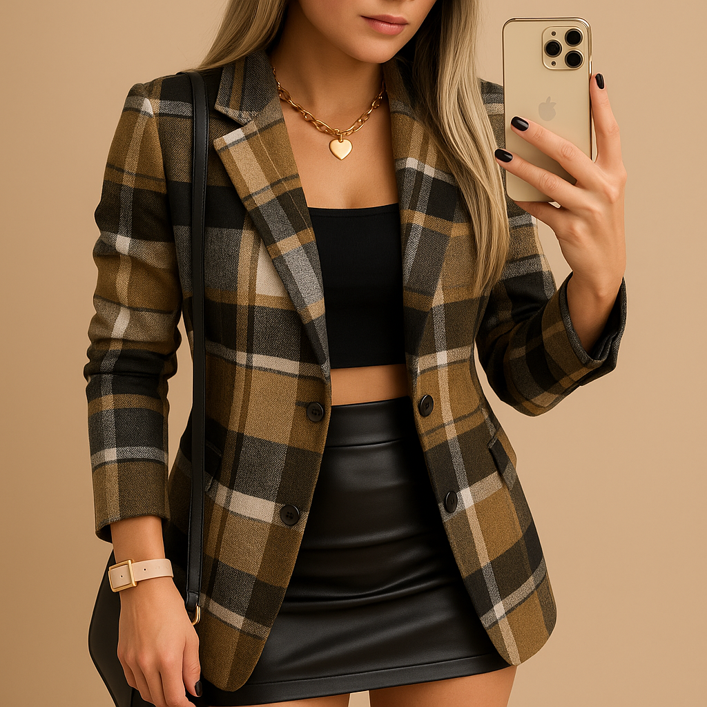 Briselle™ | Lange gewatteerde jas met tartan patroon